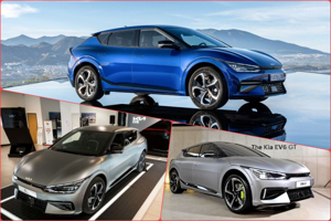 Передняя часть Kia EV6: фирменная светодиодная оптика Daytime Running Lights (DRL) и спортивный бампер.